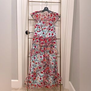 NWT Monique Lhullier Chiffon Floral Midi Dress | Size 0